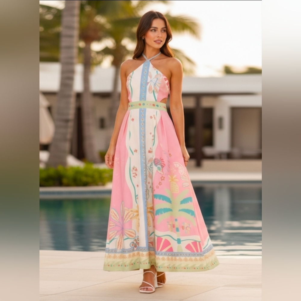 Palm Beach Cutout Side Halter High Neck Linen Blend Open Tie-Back Maxi Dress